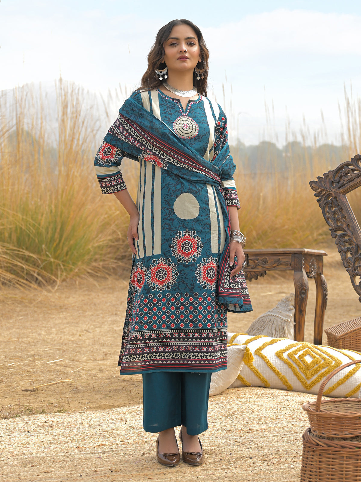 Blue Printed Straight Kurta Trousers With Dupatta Set