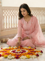 Pink Embroidered Straight Kurta Trousers With Dupatta Set