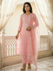 Pink Embroidered Straight Kurta Trousers With Dupatta Set