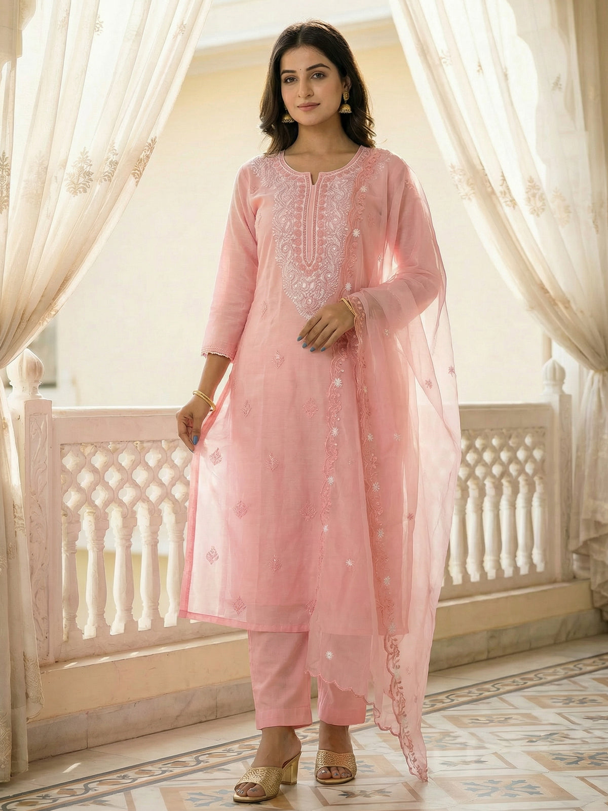 Pink Embroidered Straight Kurta Trousers With Dupatta Set