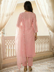 Pink Embroidered Straight Kurta Trousers With Dupatta Set