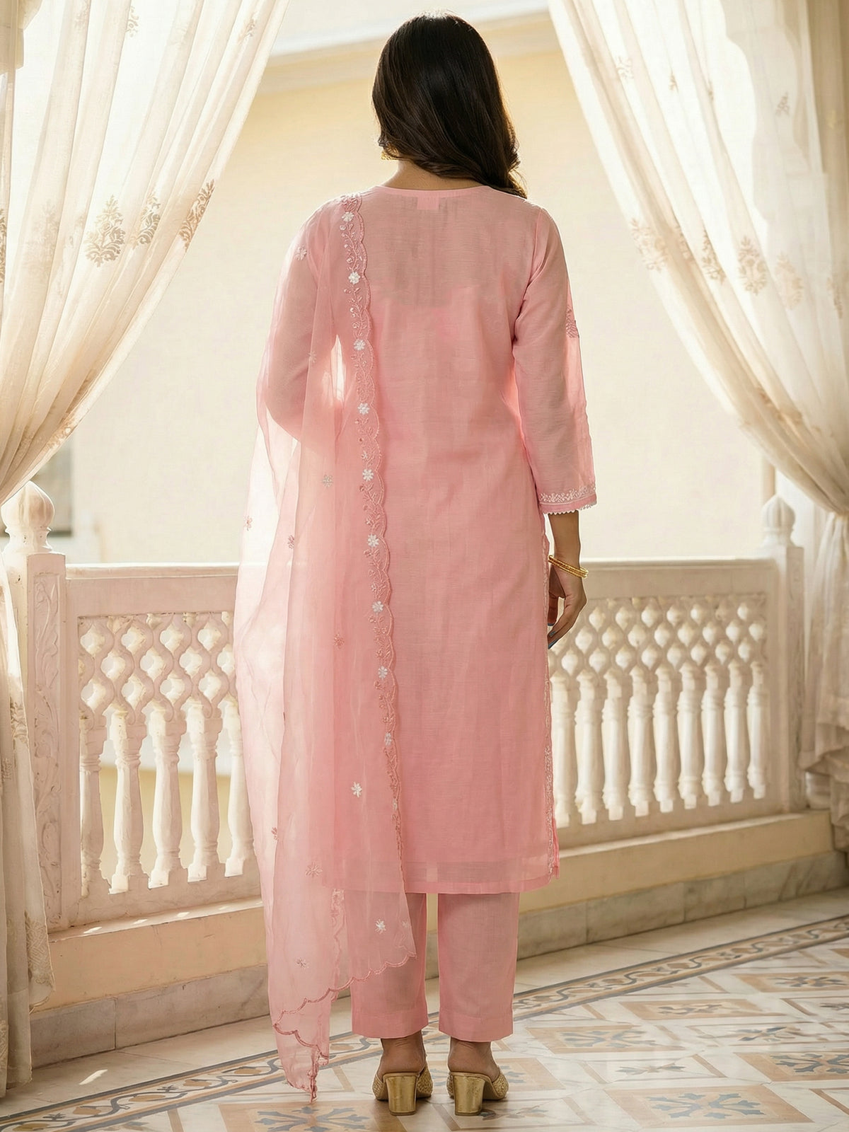 Pink Embroidered Straight Kurta Trousers With Dupatta Set