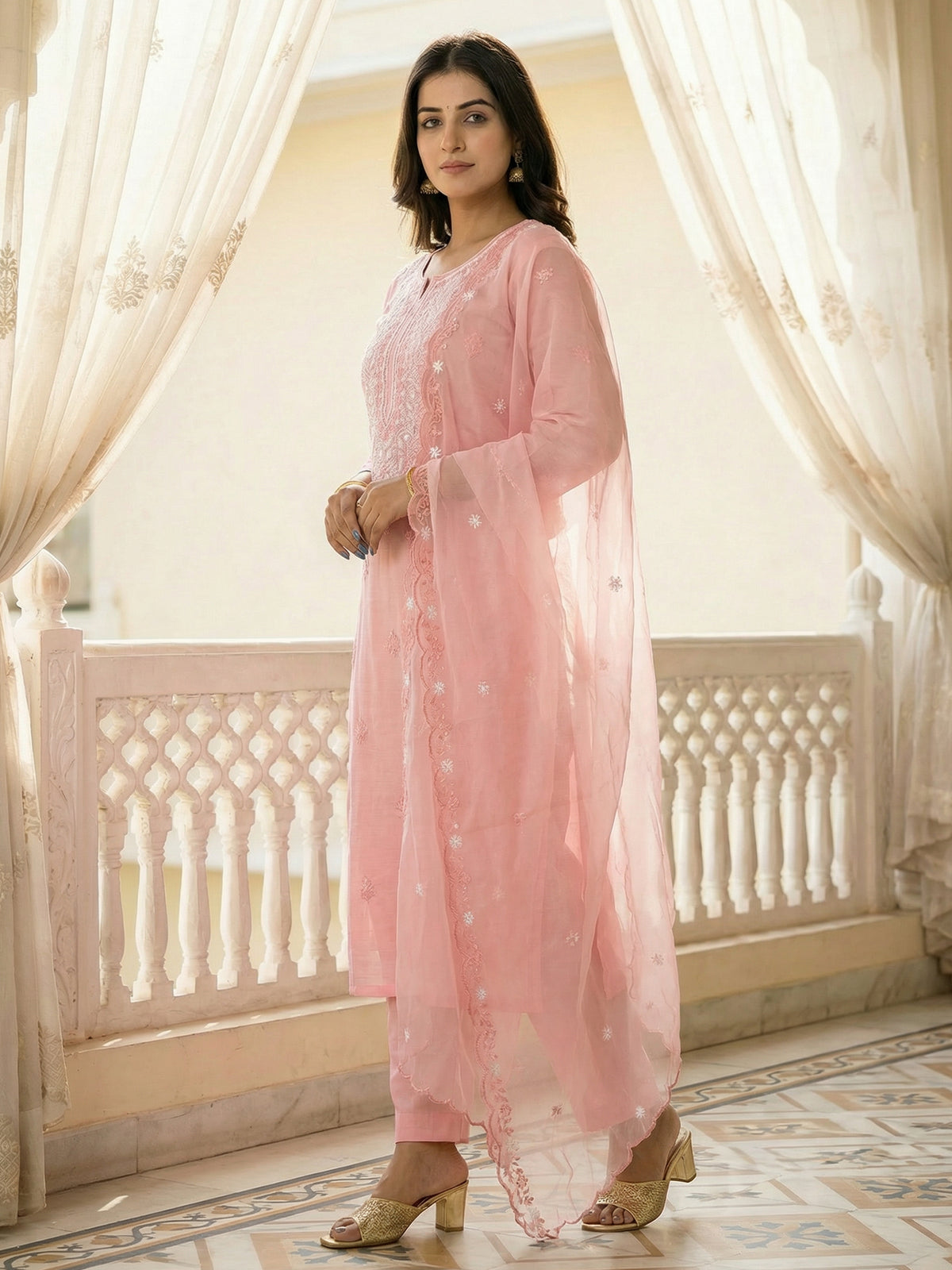 Pink Embroidered Straight Kurta Trousers With Dupatta Set