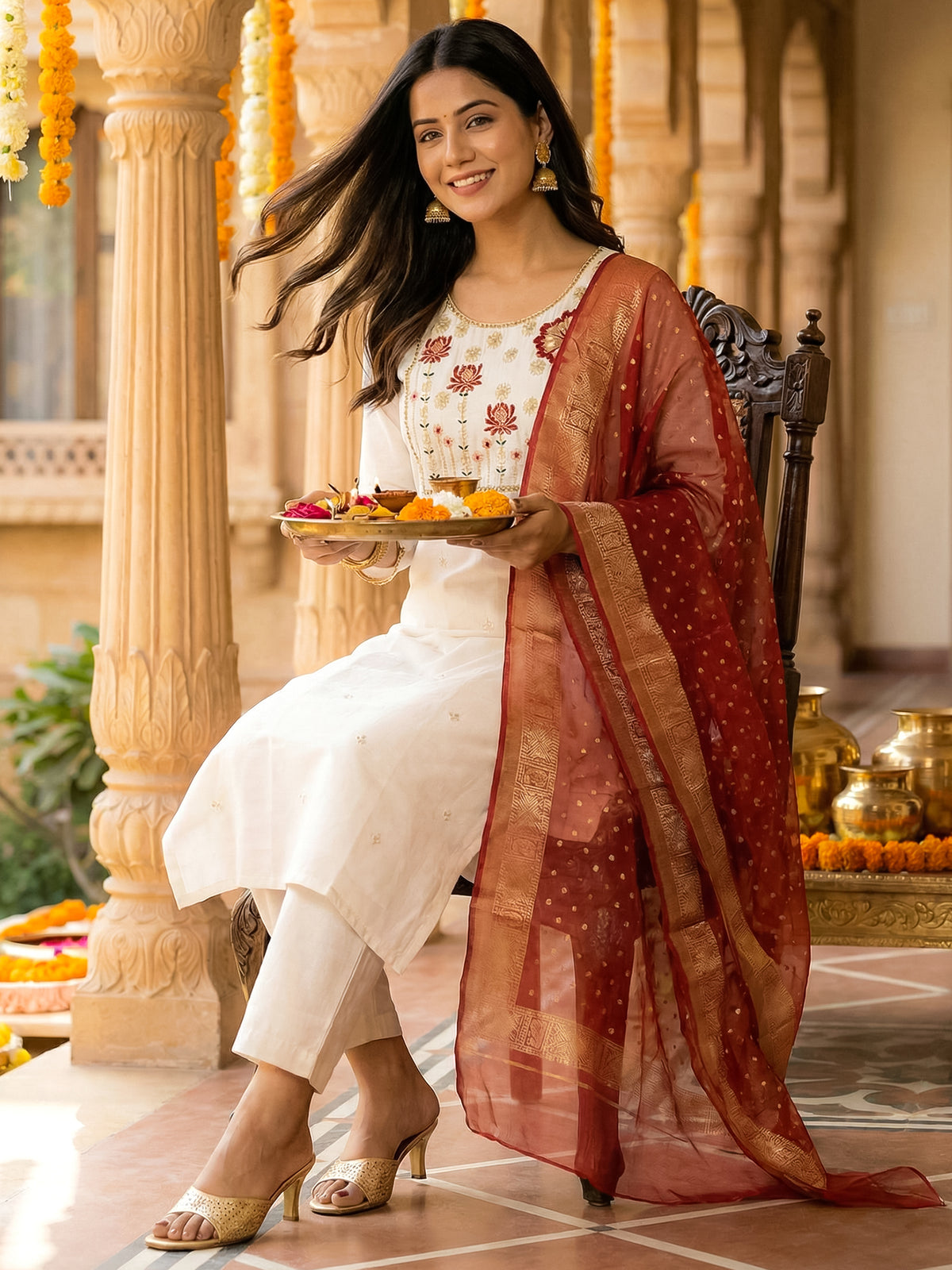 White Embroidered Straight Kurta Trousers With Dupatta Set