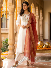 White Embroidered Straight Kurta Trousers With Dupatta Set