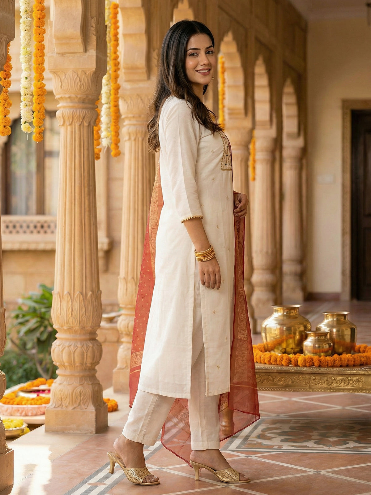 White Embroidered Straight Kurta Trousers With Dupatta Set