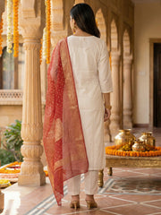 White Embroidered Straight Kurta Trousers With Dupatta Set
