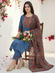 Blue Printed Straight Kurta Trousers With Dupatta Set