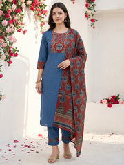 Blue Printed Straight Kurta Trousers With Dupatta Set
