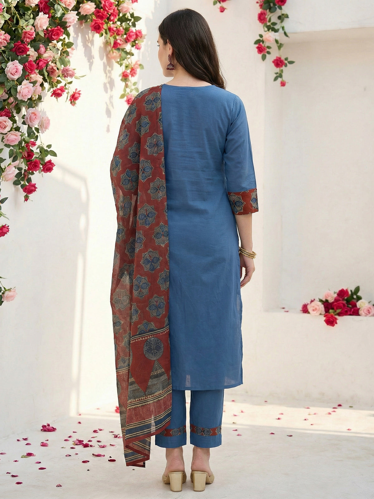 Blue Printed Straight Kurta Trousers With Dupatta Set