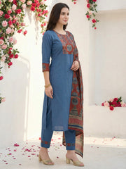 Blue Printed Straight Kurta Trousers With Dupatta Set