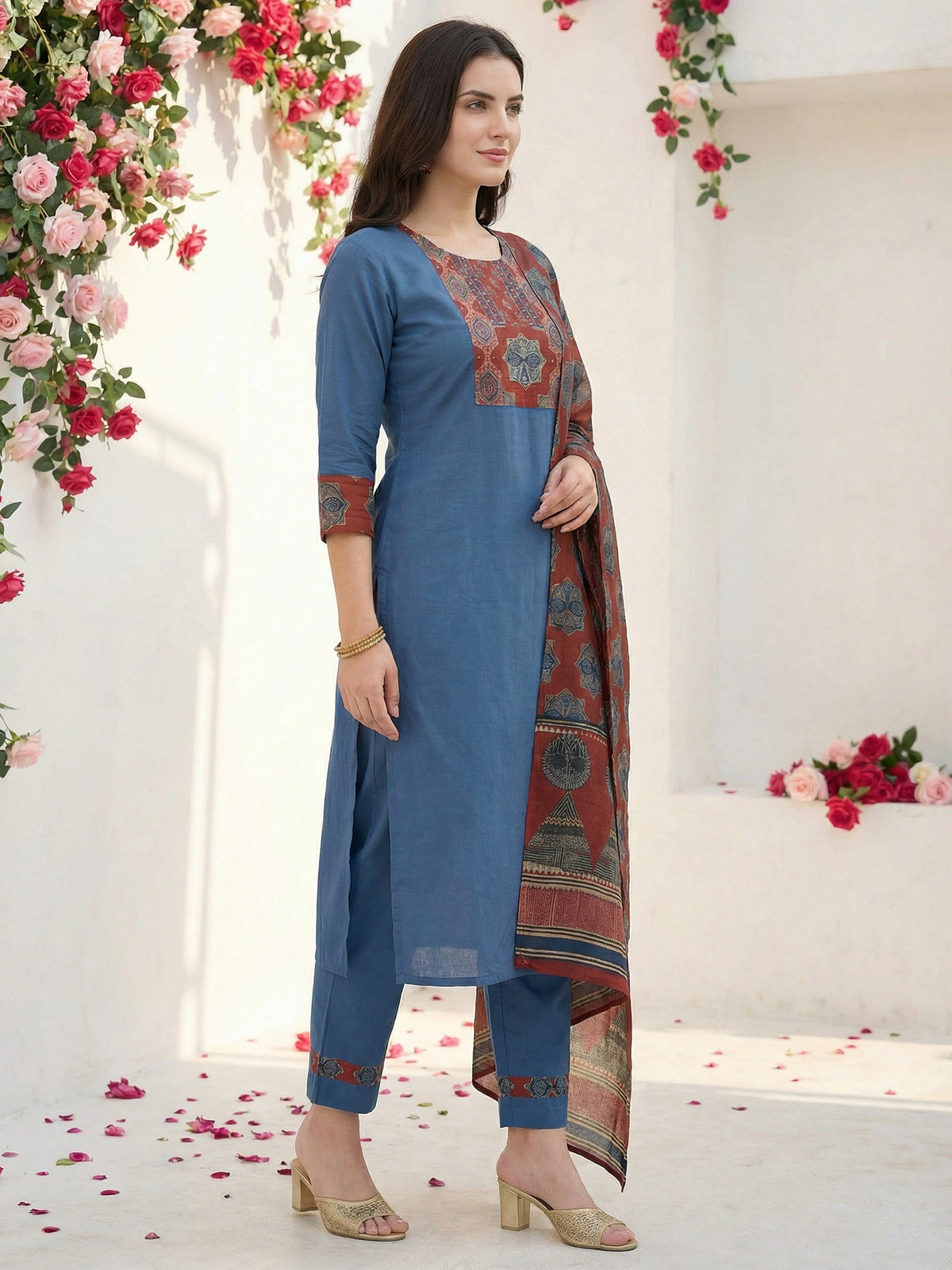 Blue Printed Straight Kurta Trousers With Dupatta Set