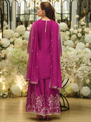 Pink Embroidered Straight Kurta Palazzos With Dupatta Set