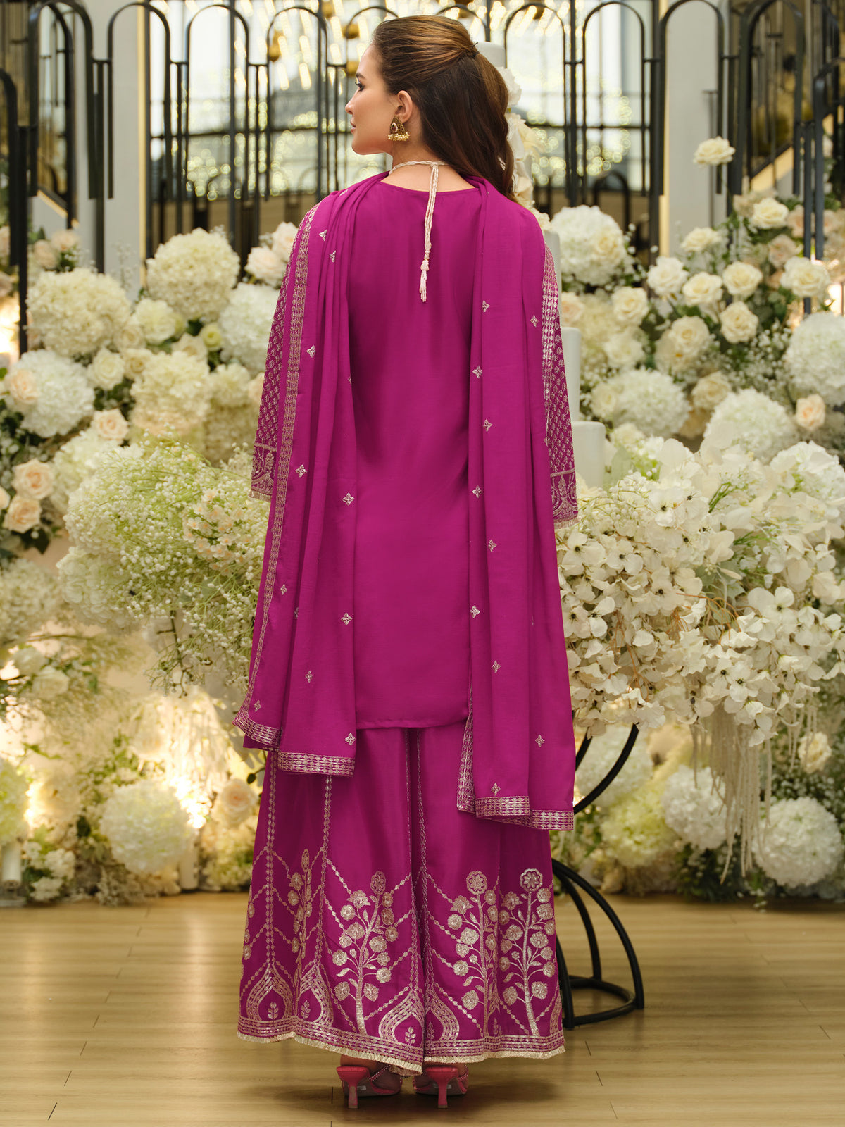 Pink Embroidered Straight Kurta Palazzos With Dupatta Set