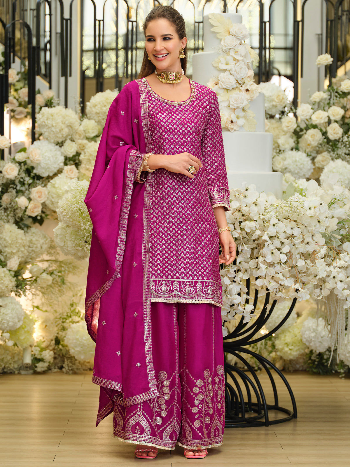 Pink Embroidered Straight Kurta Palazzos With Dupatta Set
