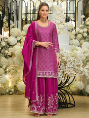 Pink Embroidered Straight Kurta Palazzos With Dupatta Set