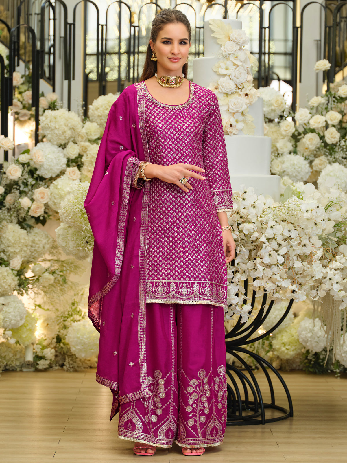 Pink Embroidered Straight Kurta Palazzos With Dupatta Set