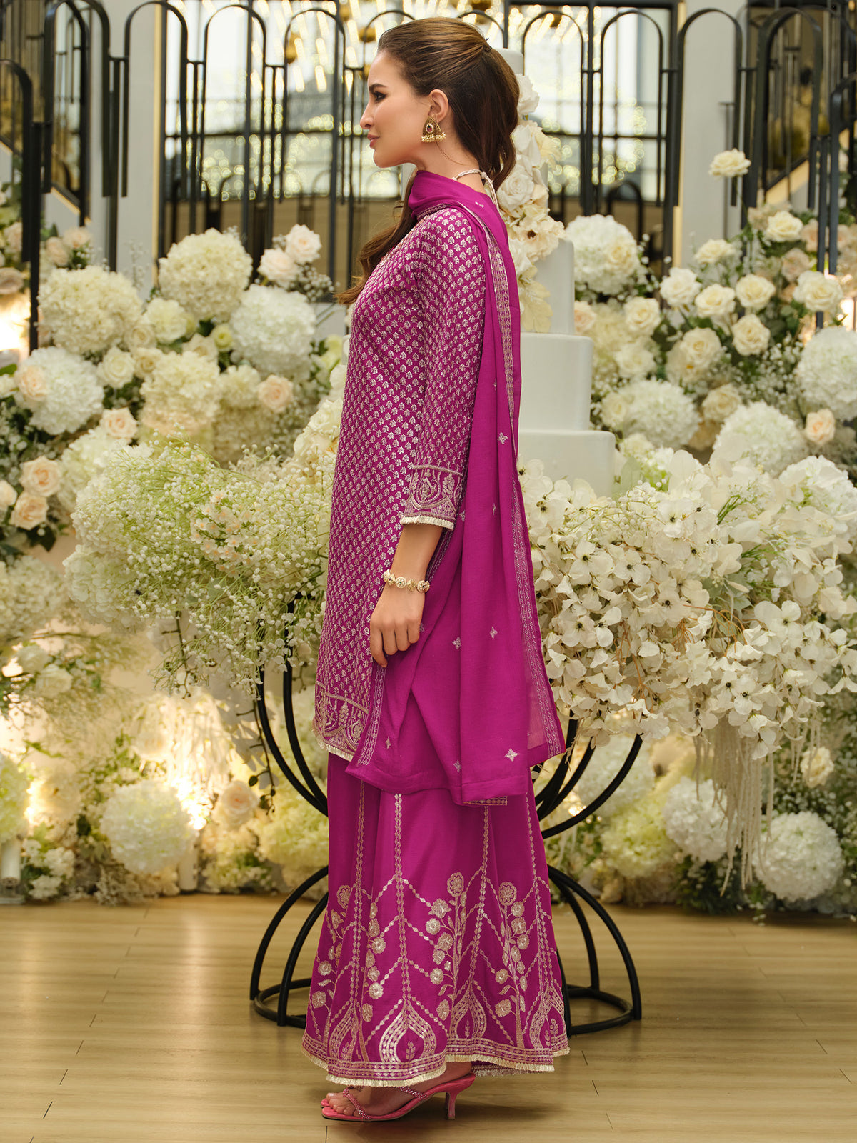 Pink Embroidered Straight Kurta Palazzos With Dupatta Set