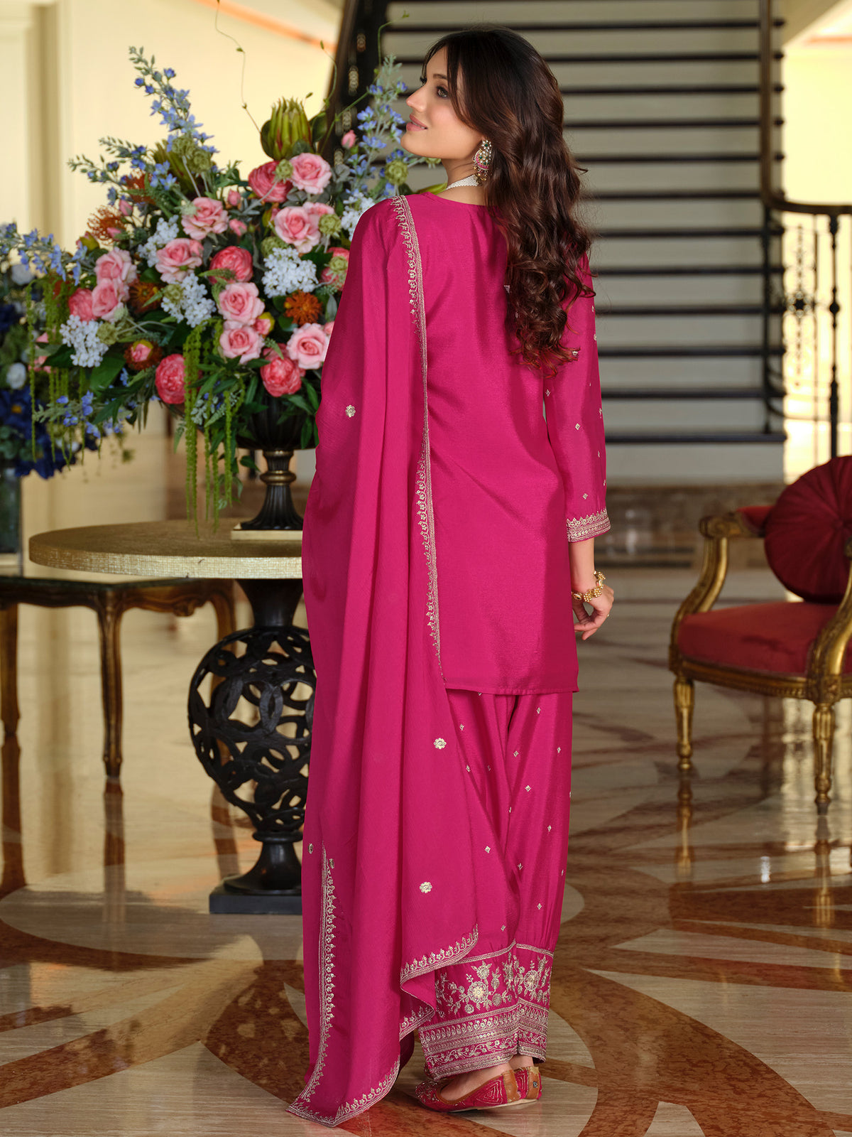 Pink Embroidered Straight Kurta Salwar With Dupatta Set