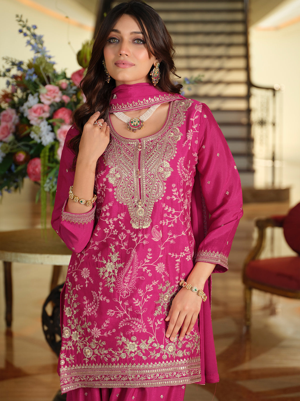 Pink Embroidered Straight Kurta Salwar With Dupatta Set