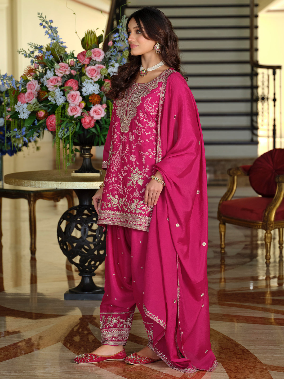 Pink Embroidered Straight Kurta Salwar With Dupatta Set