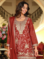 Rust Embroidered Straight Kurta Salwar With Dupatta Set