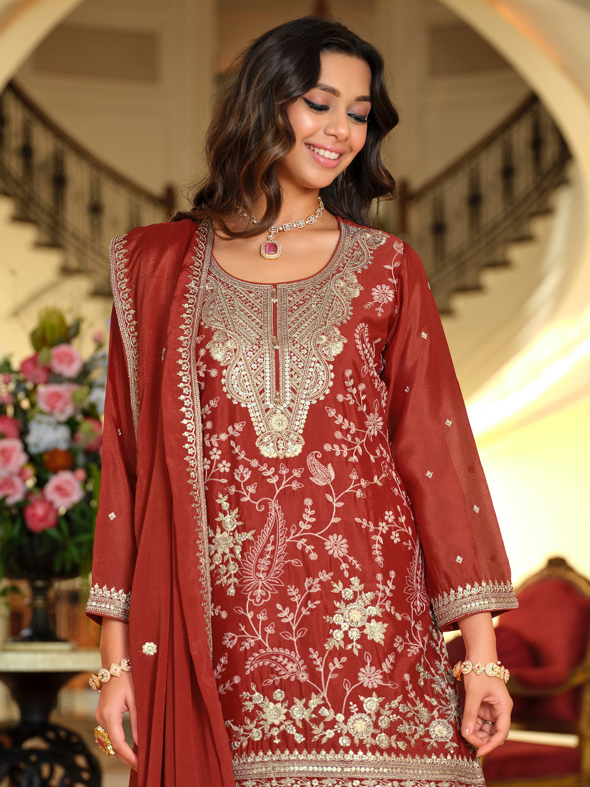 Rust Embroidered Straight Kurta Salwar With Dupatta Set