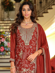 Rust Embroidered Straight Kurta Salwar With Dupatta Set