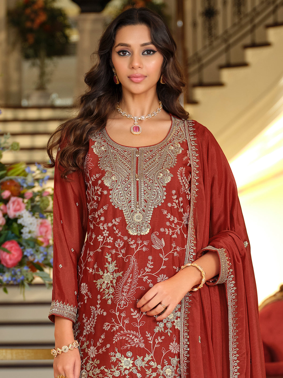 Rust Embroidered Straight Kurta Salwar With Dupatta Set