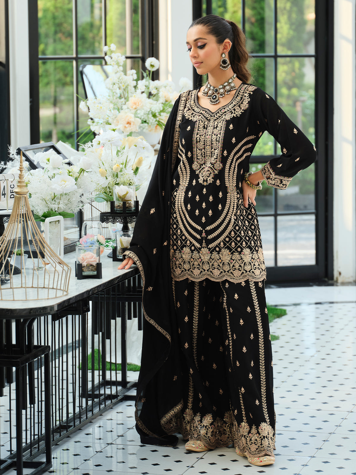Black Embroidered Straight Kurta Palazzos With Dupatta Set