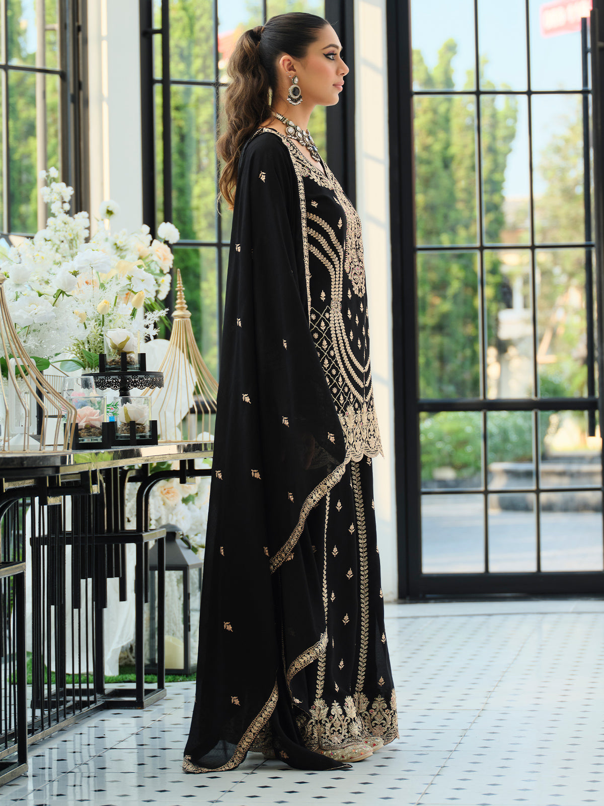 Black Embroidered Straight Kurta Palazzos With Dupatta Set