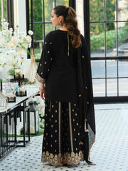 Black Embroidered Straight Kurta Palazzos With Dupatta Set