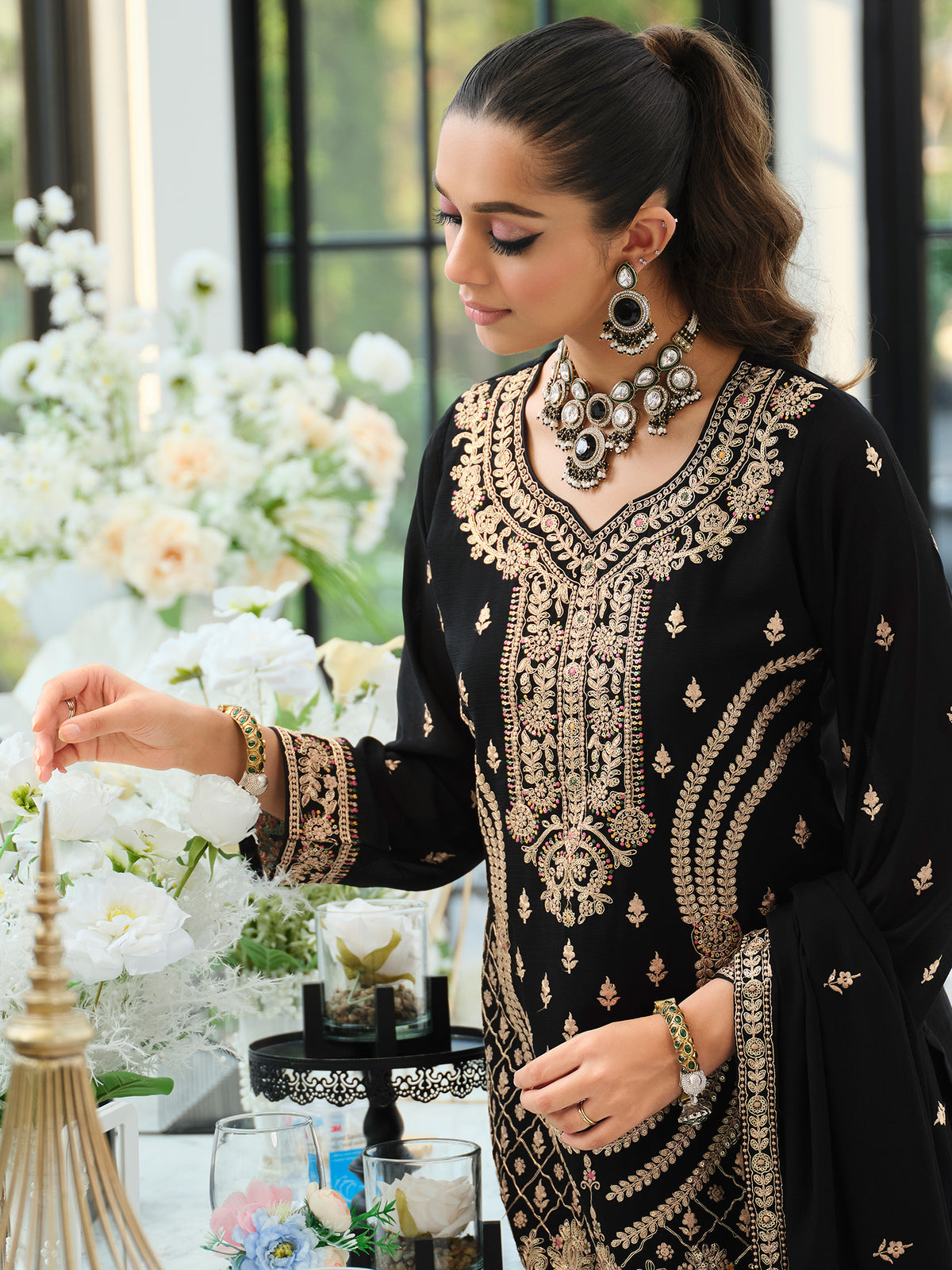 Black Embroidered Straight Kurta Palazzos With Dupatta Set
