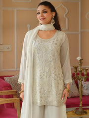 White Embroidered Straight Kurta Palazzos With Dupatta Set