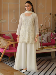 White Embroidered Straight Kurta Palazzos With Dupatta Set