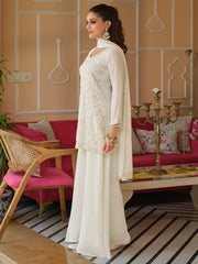 White Embroidered Straight Kurta Palazzos With Dupatta Set