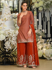 Rust Embroidered Straight Kurta Palazzos With Dupatta Set