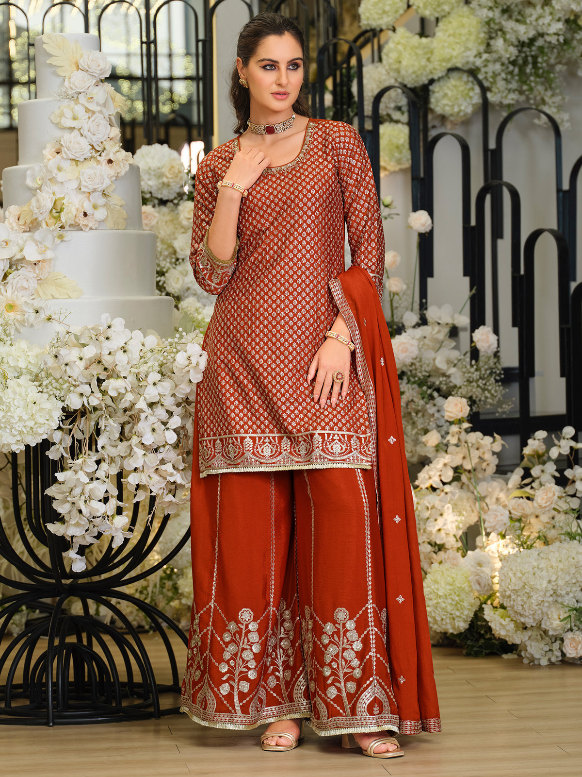 Rust Embroidered Straight Kurta Palazzos With Dupatta Set