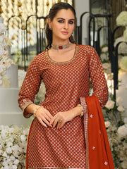 Rust Embroidered Straight Kurta Palazzos With Dupatta Set