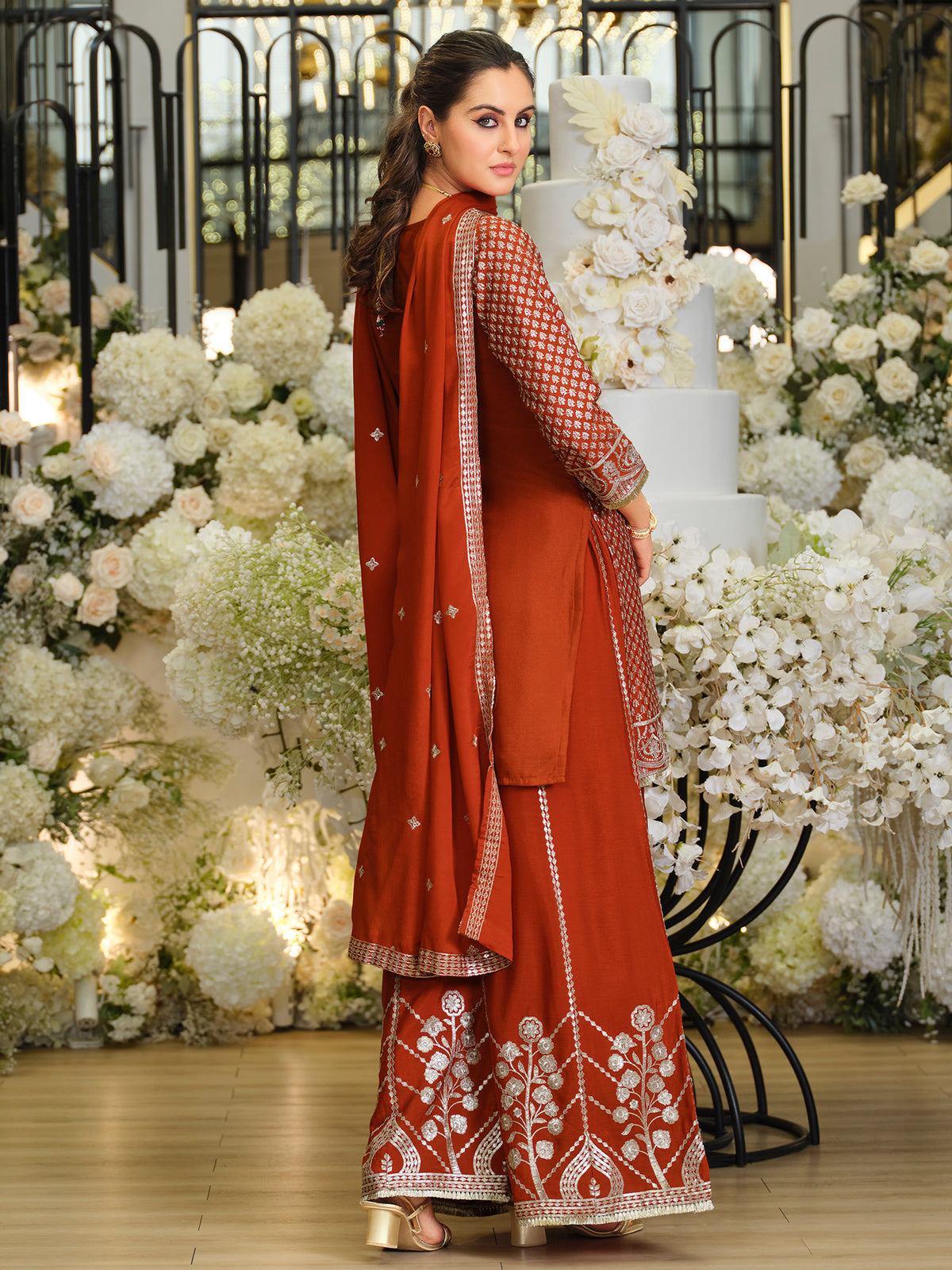 Rust Embroidered Straight Kurta Palazzos With Dupatta Set