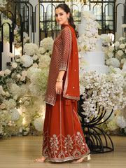 Rust Embroidered Straight Kurta Palazzos With Dupatta Set