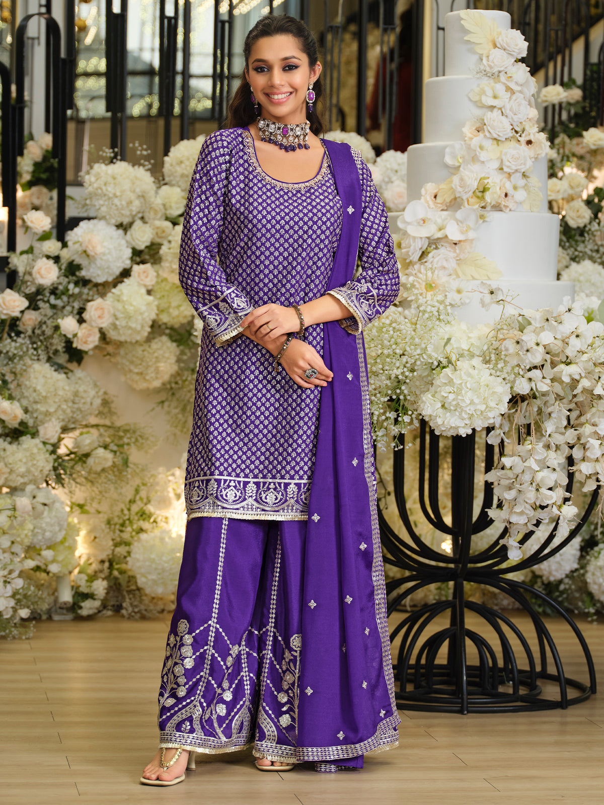 Purple Embroidered Straight Kurta Palazzos With Dupatta Set