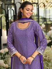 Purple Embroidered Straight Kurta Palazzos With Dupatta Set