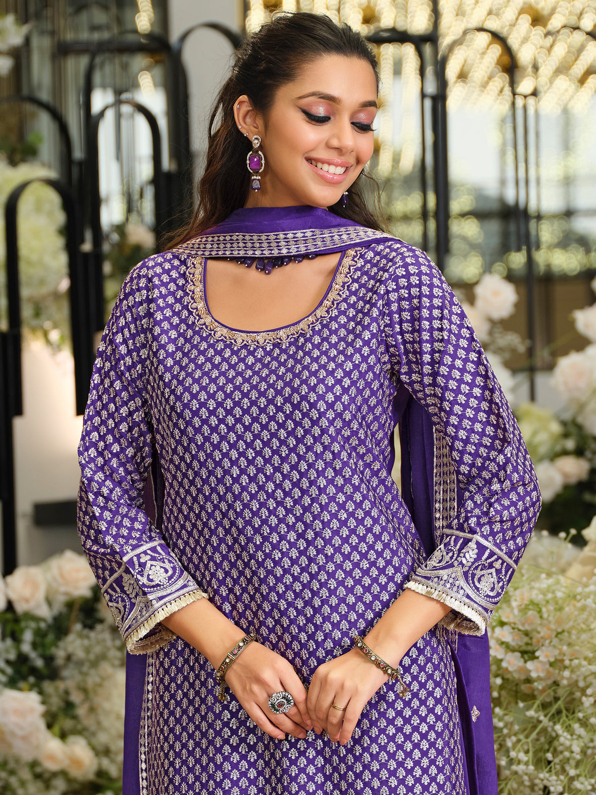 Purple Embroidered Straight Kurta Palazzos With Dupatta Set