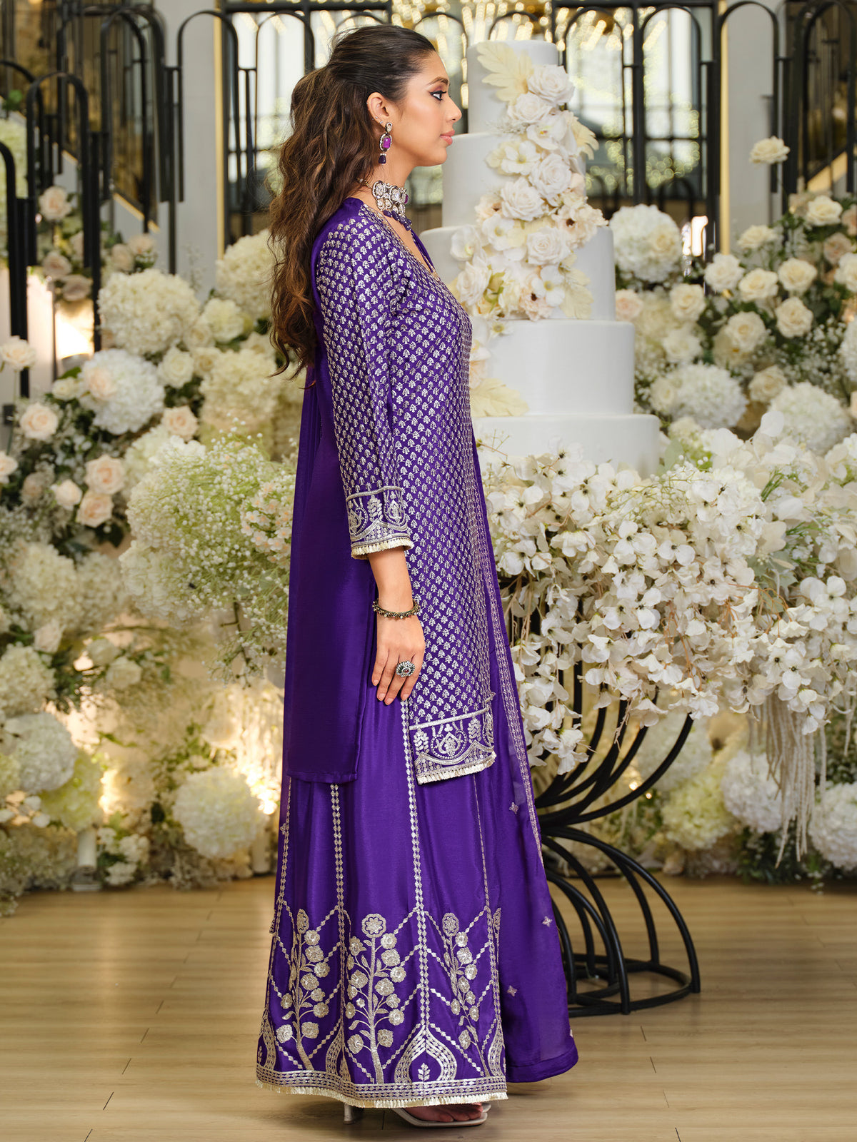 Purple Embroidered Straight Kurta Palazzos With Dupatta Set