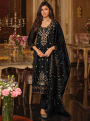 Black Embroidered Straight Kurta Trousers With Dupatta Set