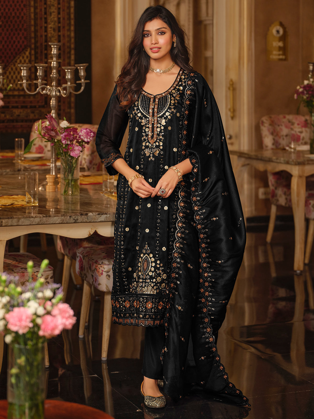 Black Embroidered Straight Kurta Trousers With Dupatta Set