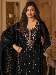 Black Embroidered Straight Kurta Trousers With Dupatta Set