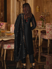 Black Embroidered Straight Kurta Trousers With Dupatta Set