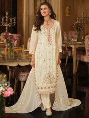 Cream Embroidered Straight Kurta Trousers With Dupatta Set